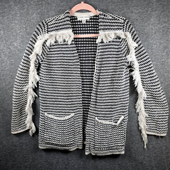 Knox Rose Women XS Cardigan Jacket Black White Fringe Open Front Crocket Pockets - Picture 1 of 13